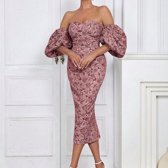 Dusty Pink Preppy Womens Off Shoulder Puff Sleeve Split Back Floral Jacqu… - Picture 1 of 5